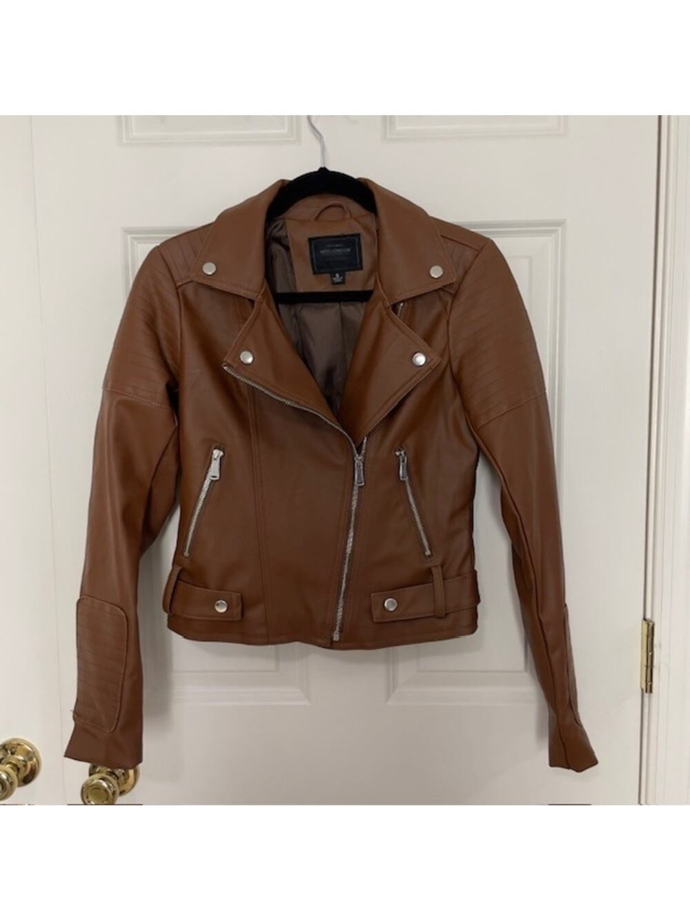 Miss London Moto Bomber Jacket | Camel/Tan Size Small | Adorable Parisian Casual